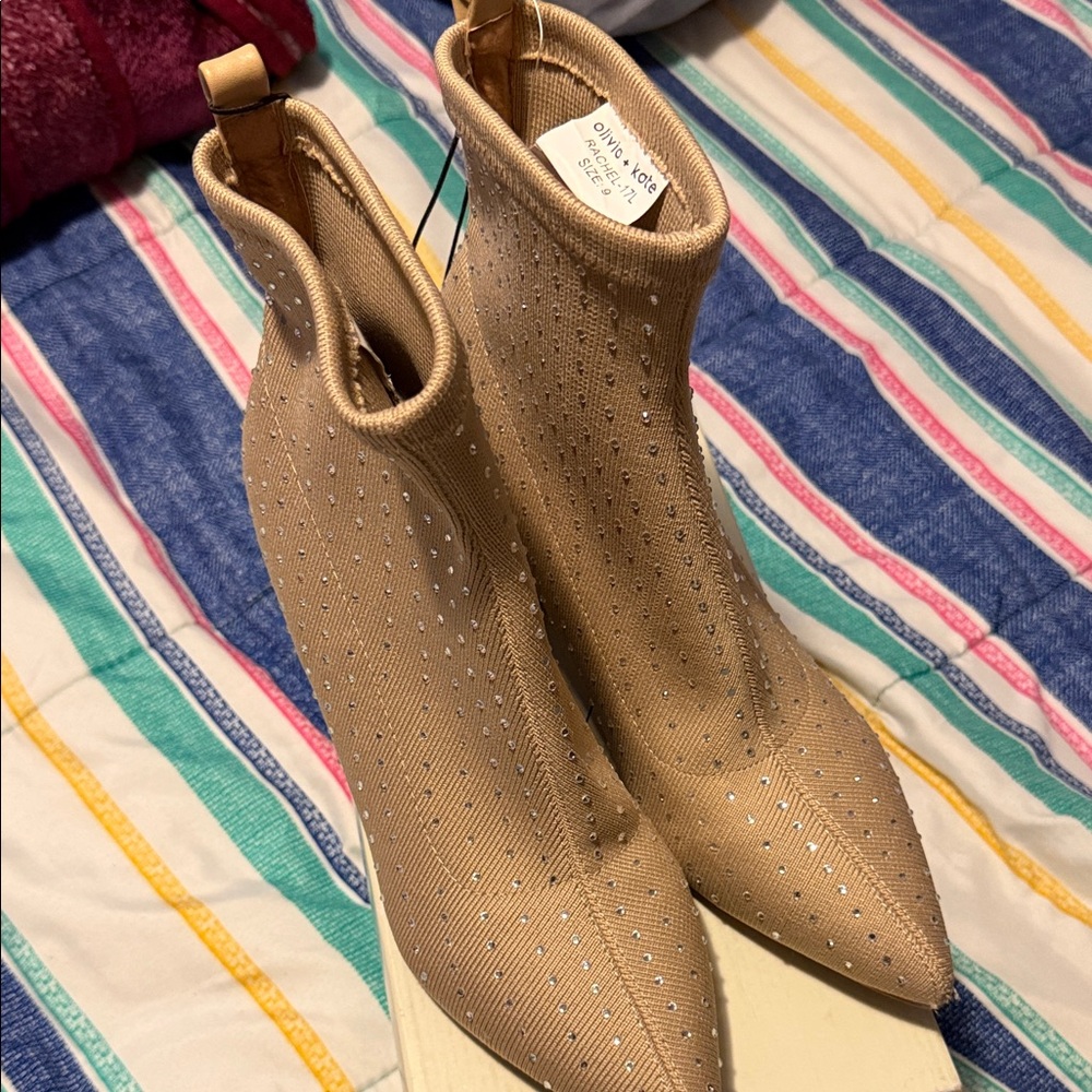 Olivia + Kate Tan Rhinestone Sock Booties